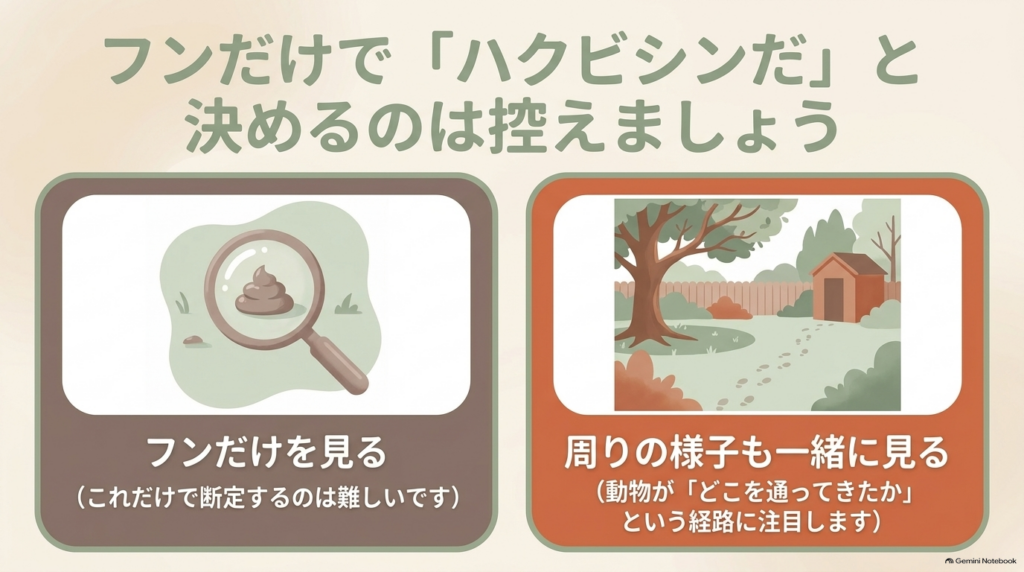 フンだけでハクビシンと断定するのは控え、動物がどこを通ってきたか周りの様子も一緒に確認しましょう。