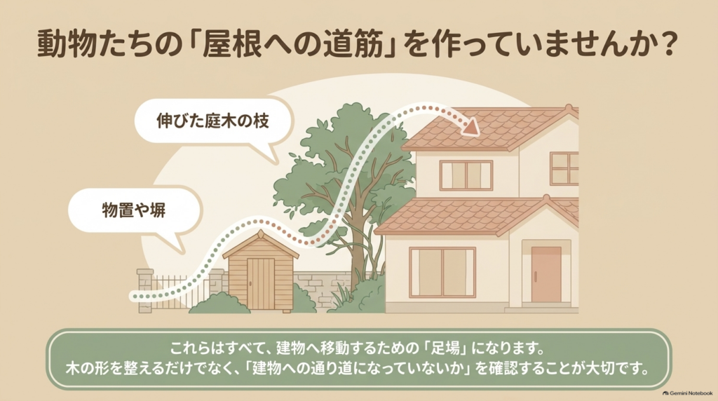 伸びた庭木の枝や物置など屋根への足場がないか確認しましょう。フンの位置、果実の食害、建物の隙間など5つの場所をチェックし、果実の片付けや剪定など今日からできる工夫を実践しましょう。