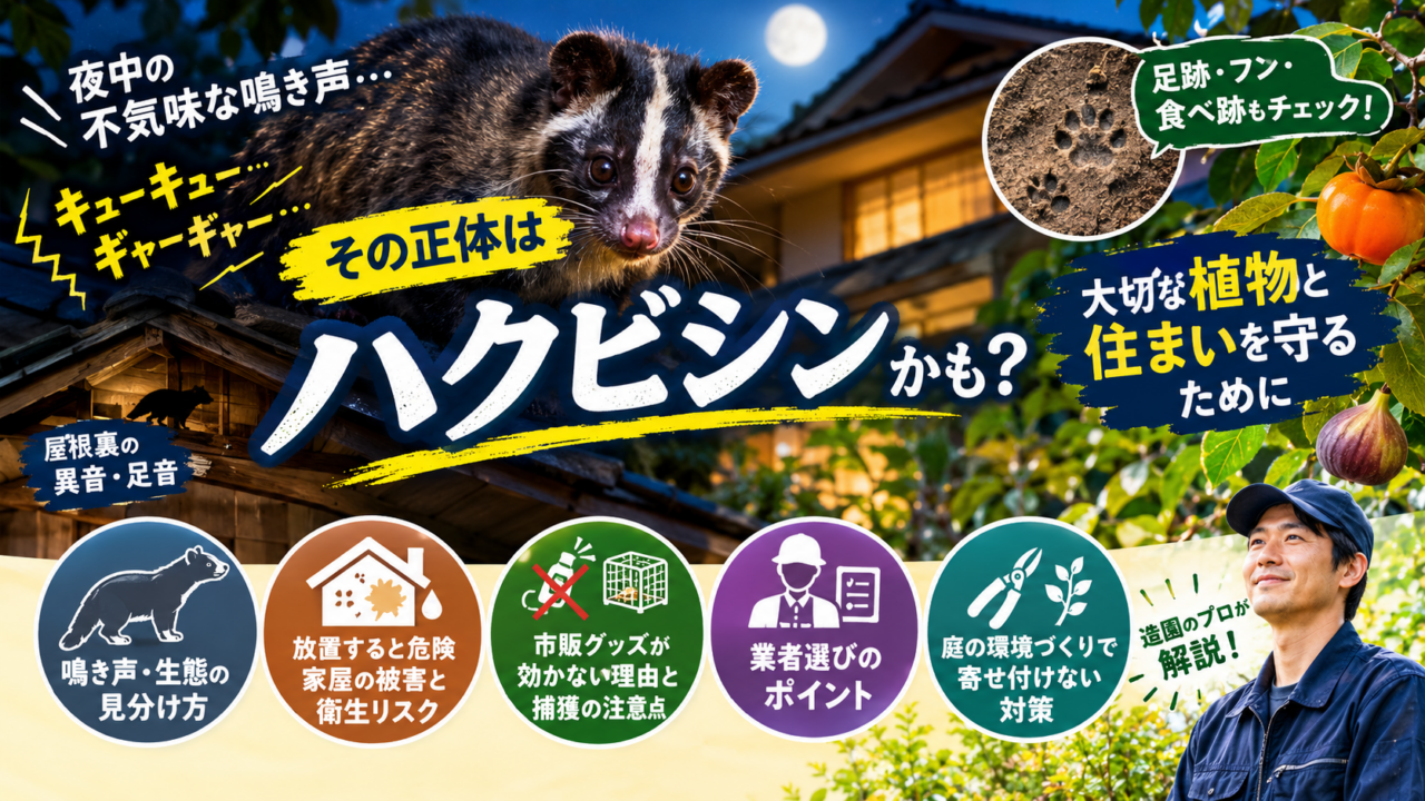 夜中に鳴くハクビシンと屋根裏や庭の被害、鳴き声の見分け方や対策を解説するイラスト ポイント: ファイル名は「ハクビシン」「夜中」「鳴き声」「対策」の主要語を自然に含めています。長くしすぎず、記事の検索意図にも合っています。