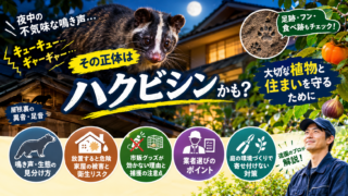 夜中に鳴くハクビシンと屋根裏や庭の被害、鳴き声の見分け方や対策を解説するイラスト ポイント: ファイル名は「ハクビシン」「夜中」「鳴き声」「対策」の主要語を自然に含めています。長くしすぎず、記事の検索意図にも合っています。