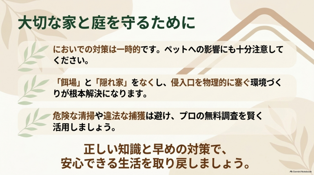 大切な家と庭を守るために、におい対策の一時性、環境づくりの重要性、プロの活用をまとめたスライド
