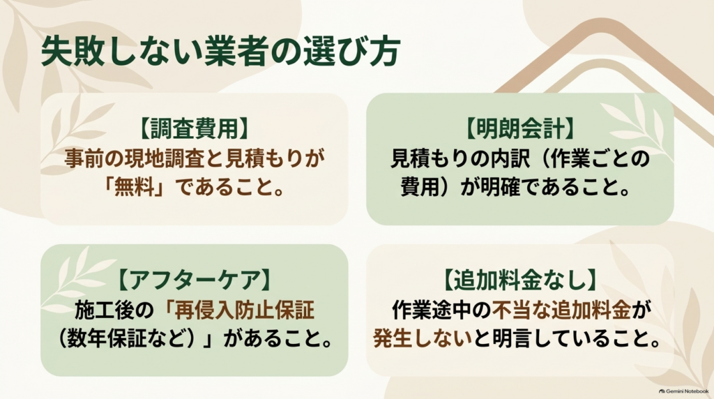 失敗しない業者の選び方として、無料の調査費用、明朗会計、アフターケア、追加料金なしの4つのポイントをまとめたスライド