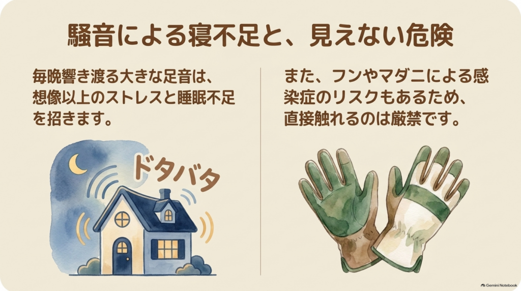 屋根裏の騒音による寝不足と、フンやマダニによる感染症リスクを警告するイラスト