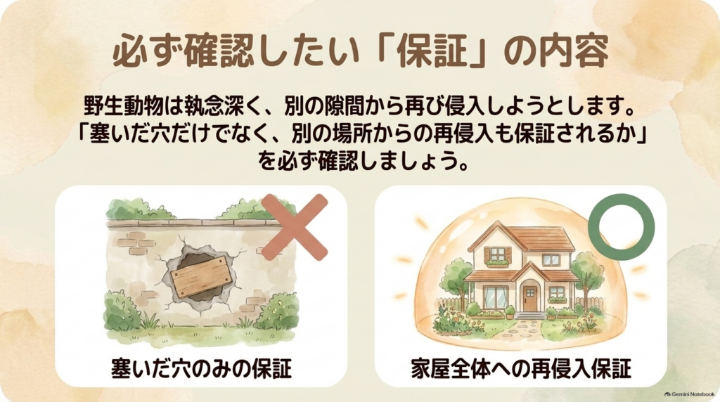 塞いだ穴のみの保証ではなく、家屋全体への再侵入保証があるか確認する図解