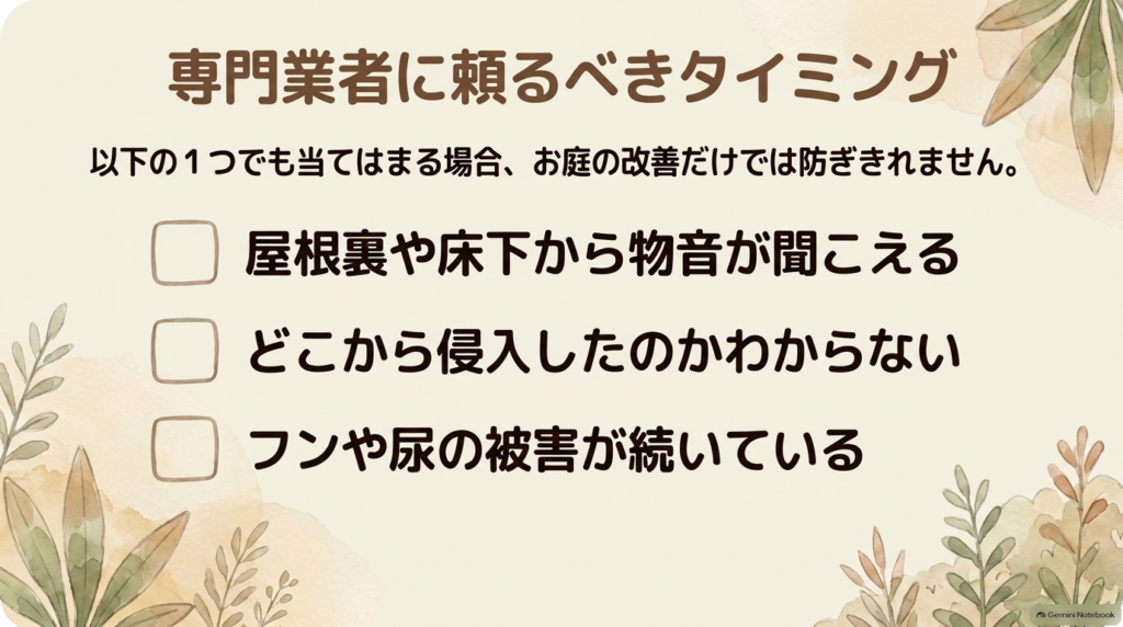 屋根裏や床下からの物音、侵入口が不明、フン尿被害が続く場合は業者に頼るべきというチェックリスト