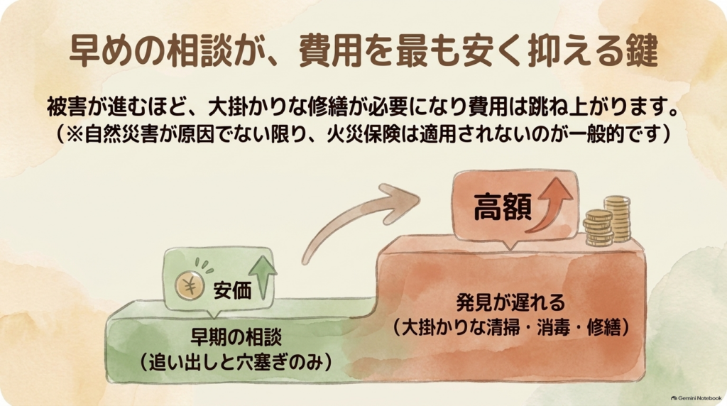 発見が遅れて大掛かりな清掃や修繕が必要になると費用が高額になることを示すグラフ