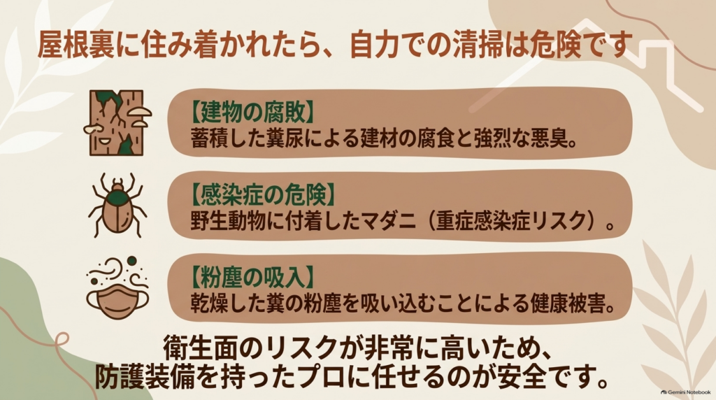 屋根裏に住み着かれた際の自力清掃は危険であり、建物の腐敗、マダニ等の感染症、糞の粉塵吸入リスクを警告するスライド