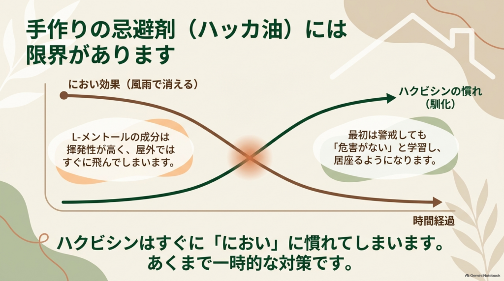 手作りの忌避剤には限界があり、においの揮発やハクビシンの馴化（慣れ）によって一時的な対策にしかならないことを解説したスライド
