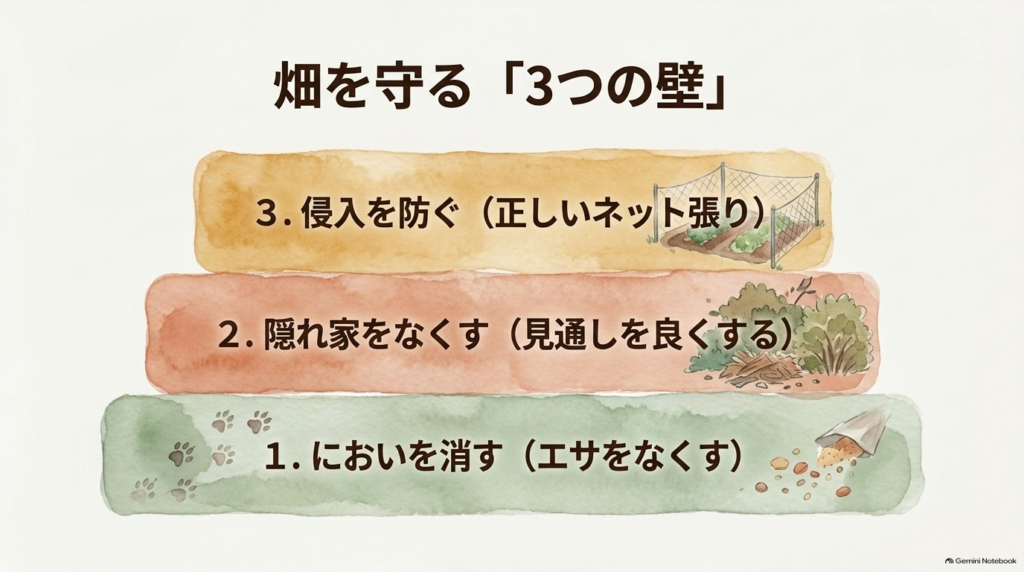 においを消す、隠れ家をなくす、侵入を防ぐという、畑を守るための3つの壁のステップ