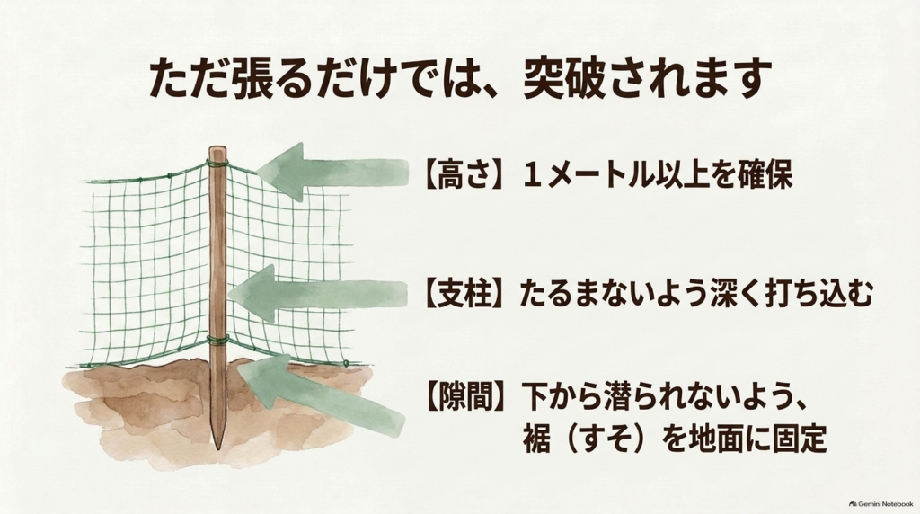 高さ1メートル以上、支柱を深く打ち込み、裾を地面に固定する正しい防獣ネットの張り方