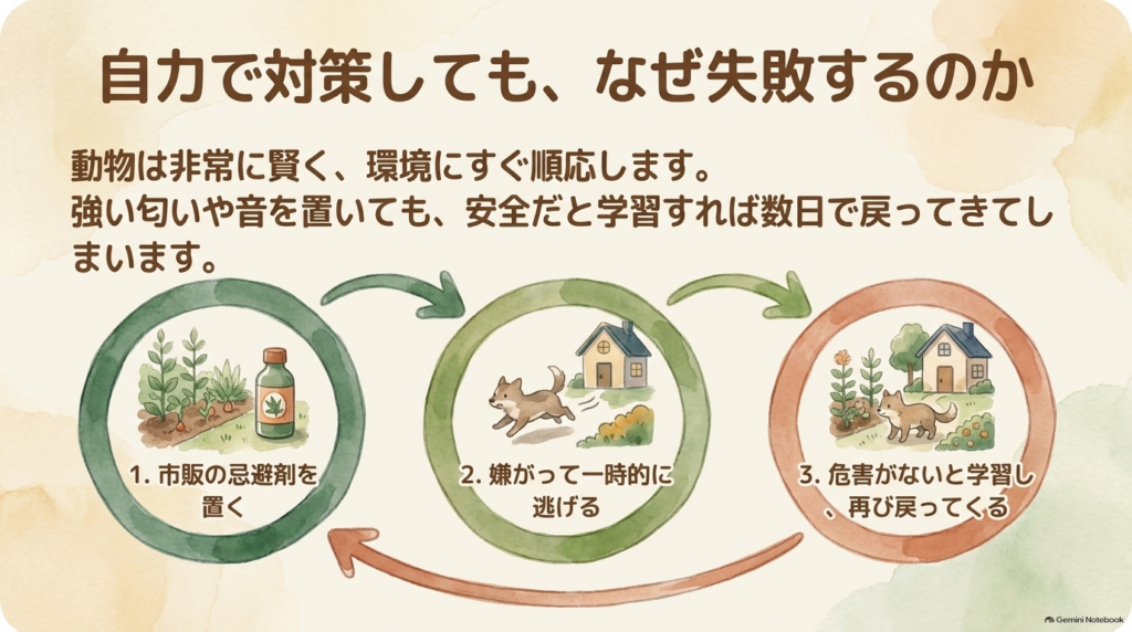 市販の忌避剤を置いても、動物が危害がないと学習して再び戻ってくるサイクル図