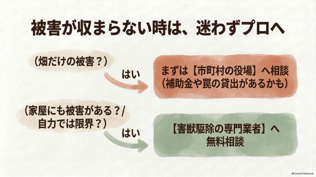 畑だけの被害なら市町村の役場へ、家屋にも被害があるなら専門業者へ相談を促すフローチャート