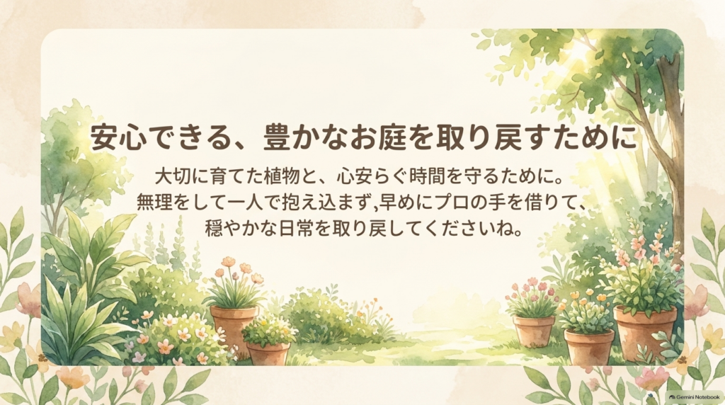 植物に囲まれた心安らぐ庭を取り戻すために、早めにプロの手を借りることを勧めるメッセージ