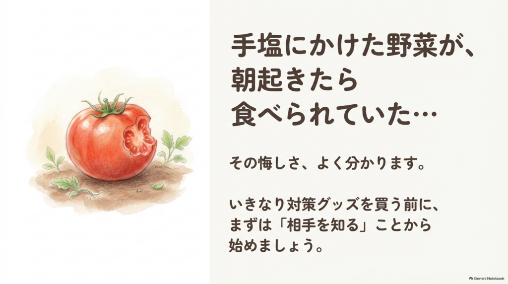 手塩にかけた野菜が食べられた悔しさと、対策前に相手を知ることの重要性を説明するテキスト