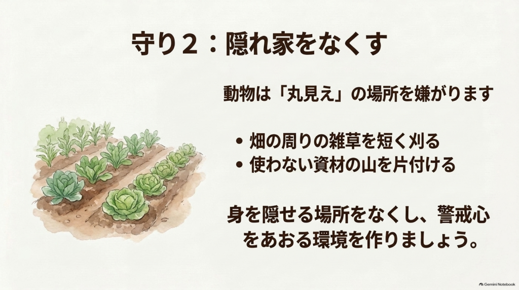畑の周りの雑草を刈り、使わない資材を片付けて動物の隠れ家をなくす見通しの良い畑のイラスト