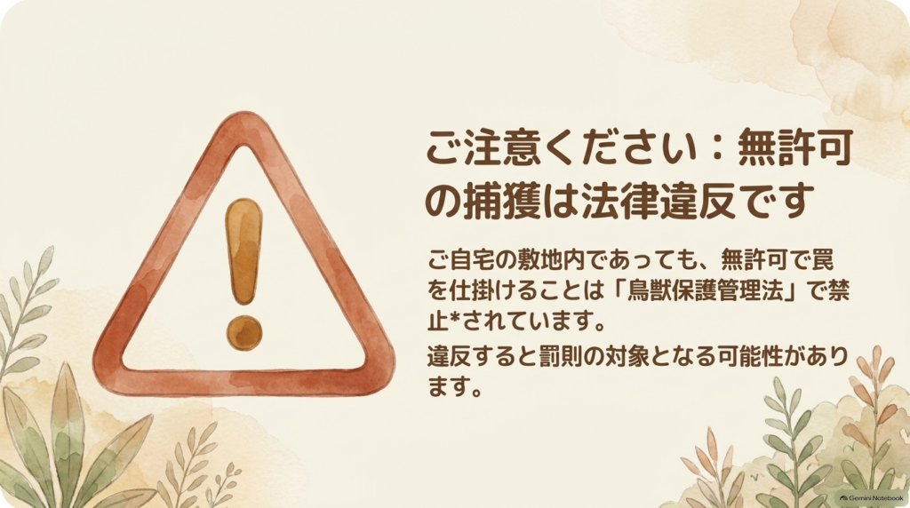 ご自宅の敷地内でも無許可で罠を仕掛けることは鳥獣保護管理法で禁止されているという警告